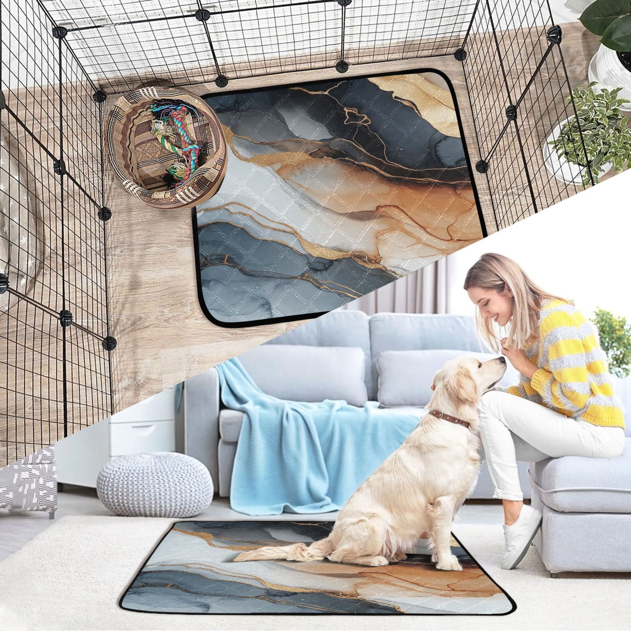 Qxltty Brown Gilt Marble Cat litter Pads Pet Set of 3 Diaper Mats Center Anti-leakage Layer Absorbent Soft and Comfortable