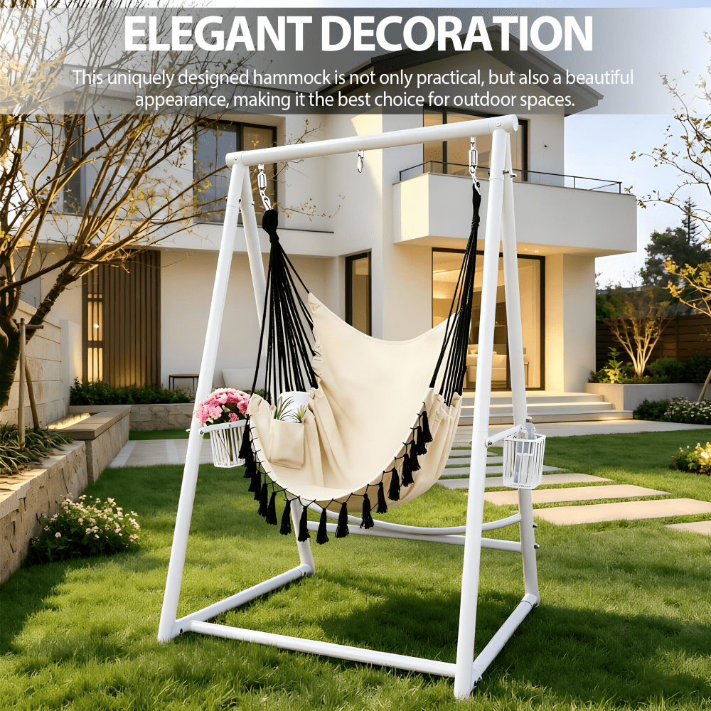Hammock Chair Hanging Rope Swing & Stand Set with Two Holders, Heavy Duty Hanging Stand with Three Hooks, Multi-Use for Indoor Outdoor Patio Yard Garden (White)