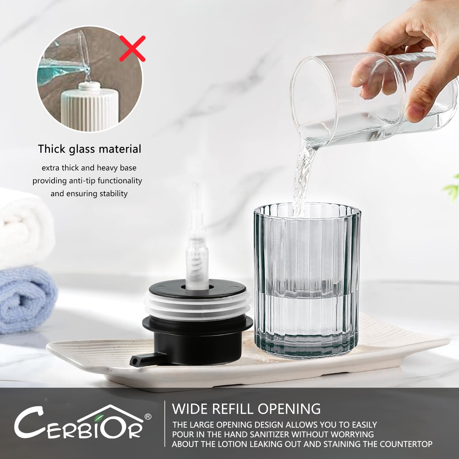 CERBIOR Bathroom Accessories Set, 4 Pcs Glass Bathroom Accessories Sets Complete w/Soap Dispenser, Soap Dish ,Toothbrush Holder,Tumbler, Bathroom Decor, Gift for Home Apartment, Black Grey
