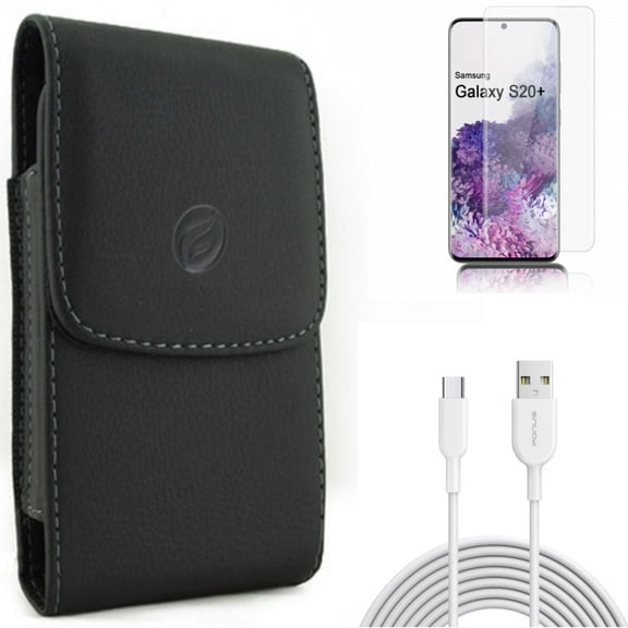 Case Belt Clip w 6ft USB-C Cable w Screen Protector for Samsung Galaxy S20 Plus - Leather Holster Cover, Type-C Fast Charger Cord, Tempered Glass [Fingerprint Unlock] 3D Curved fits Galaxy S20 Plus