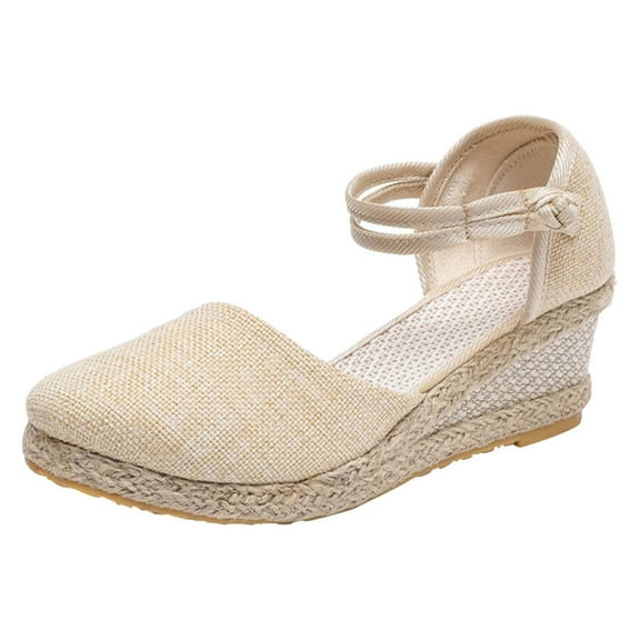 hopeusnice Women's Espadrille Wedge Sandals Summer Ankle Strap Buckle Buckle Wedge Shoes Comfortable Breathable Open Toe Wedge Heels Shoes Beige 40