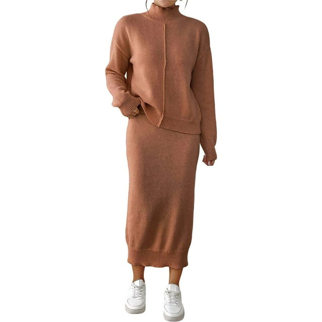 Conjunto de Dos Piezas para Mujer: Suéter y Falda de Punto Top de Punto y Falda Ajustada Café M