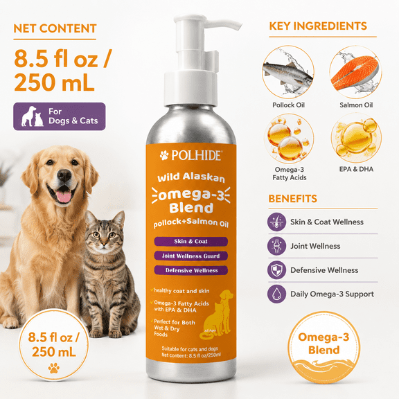 POLHIDE Wild Alaskan Omega-3 Blend for Dogs and Cats, Pollock & Salmon Oil with EPA & DHA, Skin & Coat Support, 8.5 fl oz / 250 mL