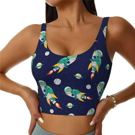 Jgfou Astronaut Dinosaur Print Womens Sports Bra - Padded Workout Sports Bras Crop Tank Top