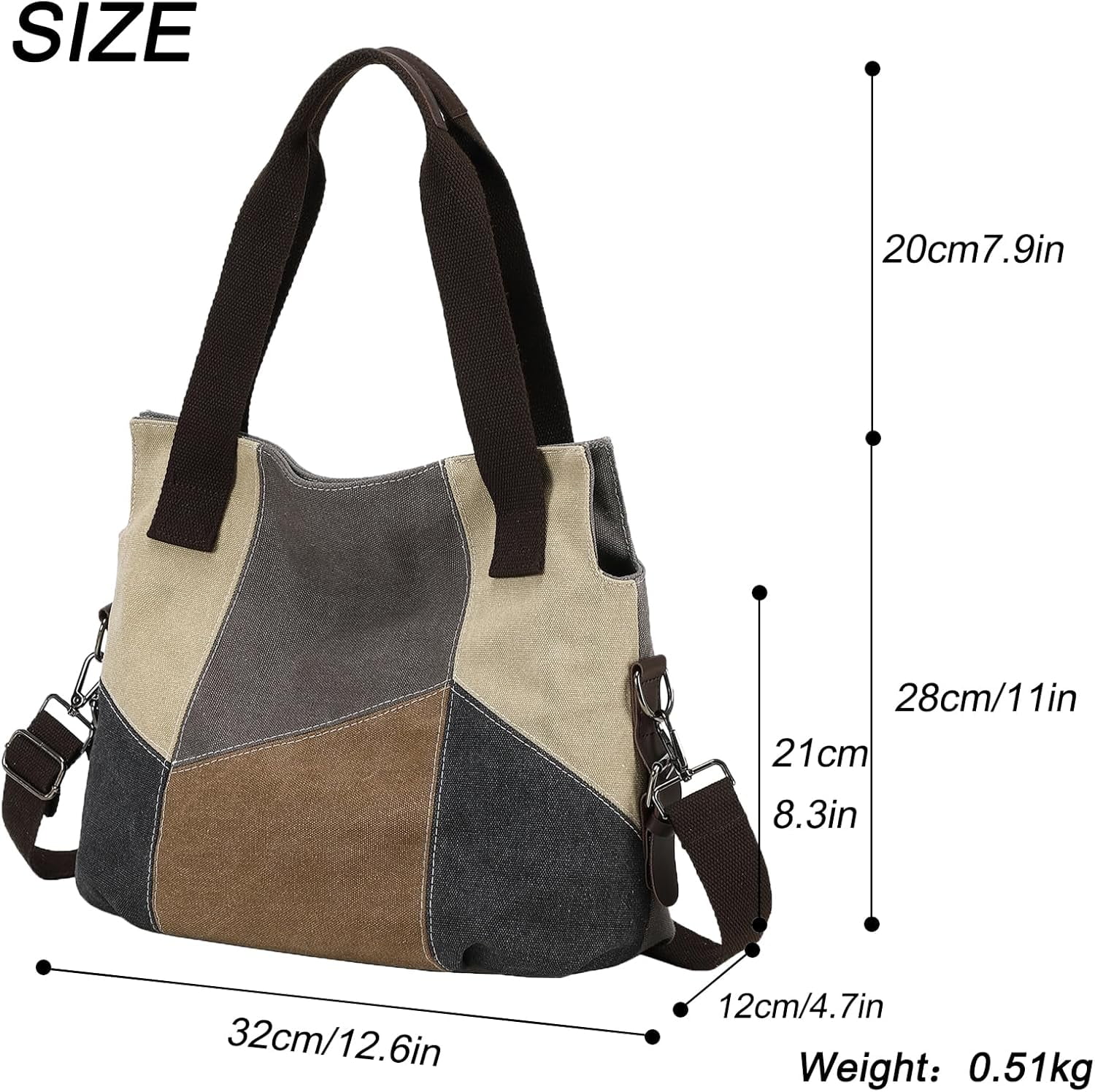 Women's Canvas Tote Purse for Work,Medium Casual Multi Pocket Crossbody Tote Bag with Shoulder Strap