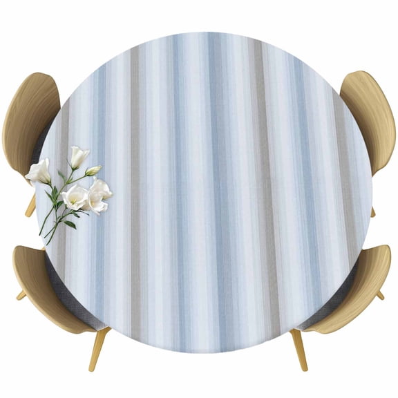 Round Table Cover 36-44 Inch Blue Gray Striped Waterproof Reusable Table Cloth Round Fitted Vinyl Tablecloth with Elastic Edged for Parties Outdoors, Modern Boho Stripes Minimalist