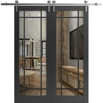 Sturdy Double Barn Door 36 x 84 inches | Lucia 2266 Matte Black Clear Glass | Stainless Steel 13FT Rail Hangers Heavy Set | Solid Panel Interior Doors