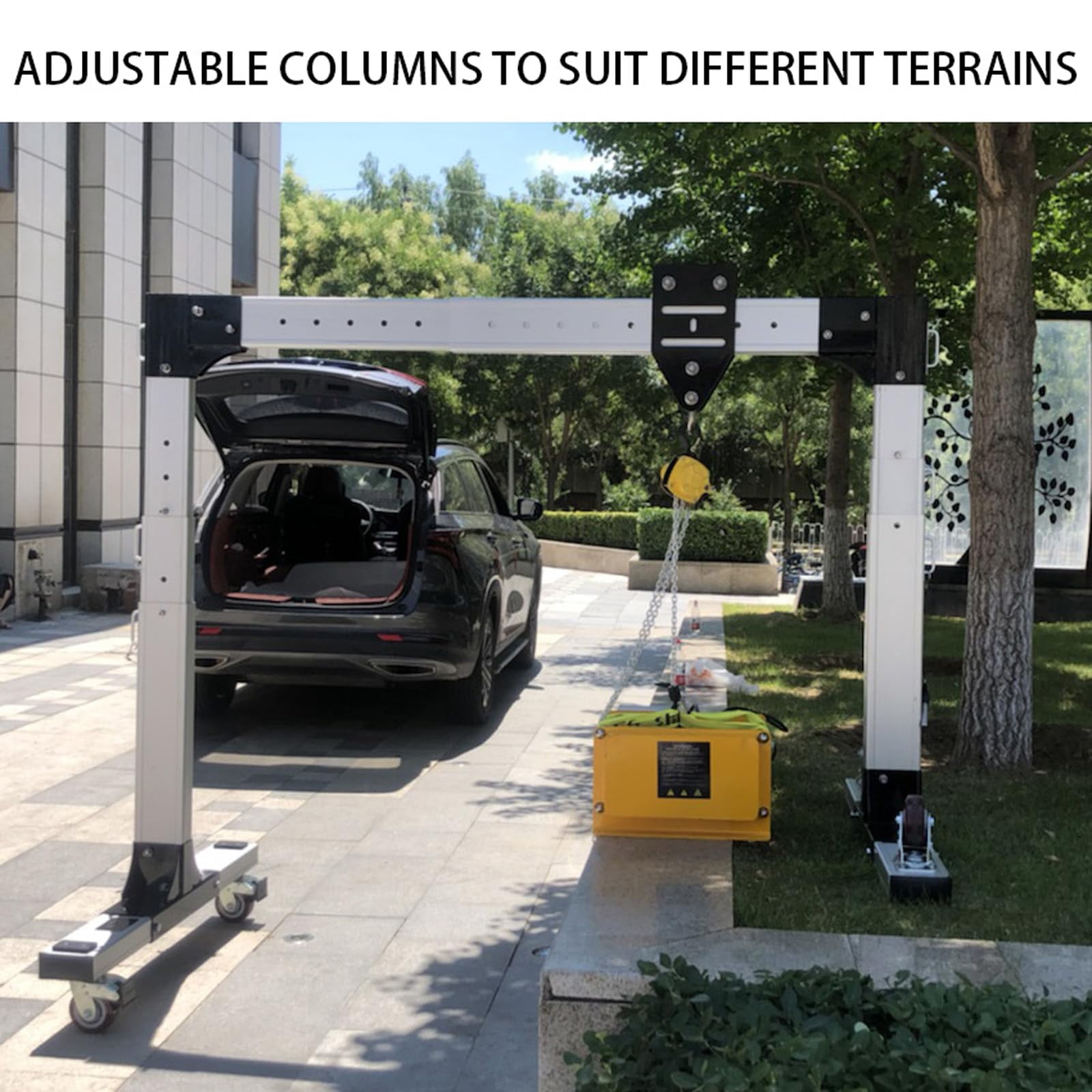 Portable Aluminum Gantry Crane, 1100 lbs Capacity Adjustable Shop Lift Hoist, 4.9-9.5 ft Height & 5.3-7.5 ft Beam Width, 2-Post Mobile Lifting System for Garage, Workshop, and Auto Repair