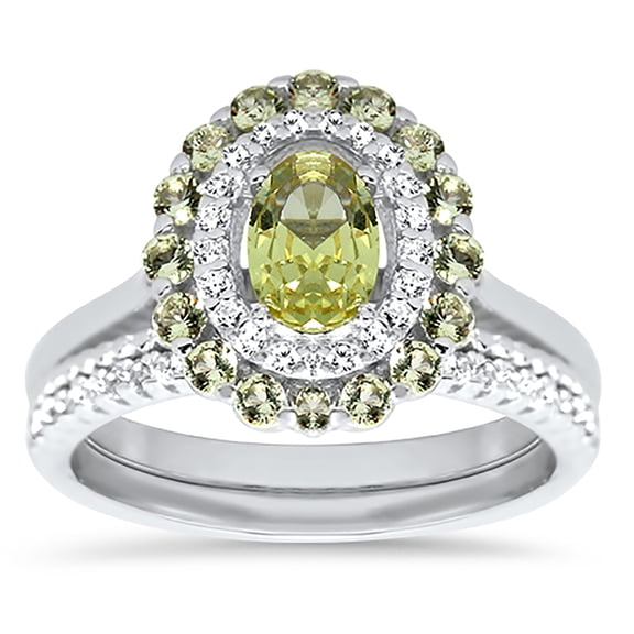 LaRaso & Co Simulated Green Peridot Double Halo Wedding Engagement Bridal Ring Set for Women Size 7