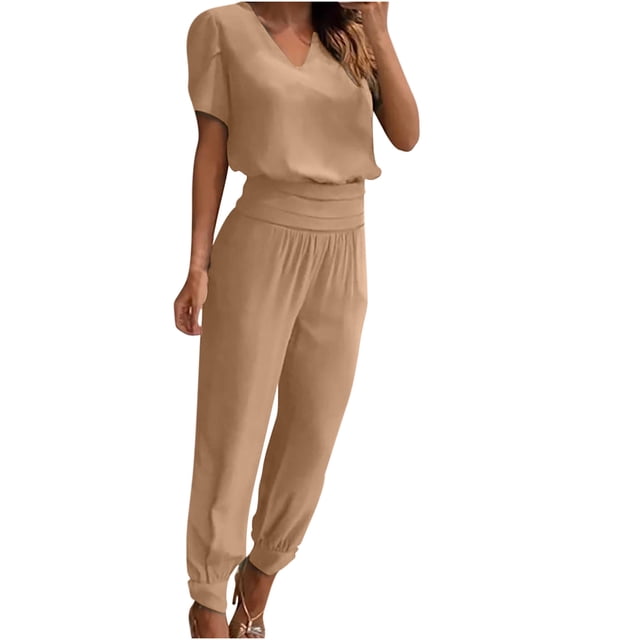 Mikilon Ensemble Élégant pour Femmes 2 Pcs Mode Col Rond Couleur Unie Haut à Manches Courtes + Pantalon Ample avec Poches Kaki TP