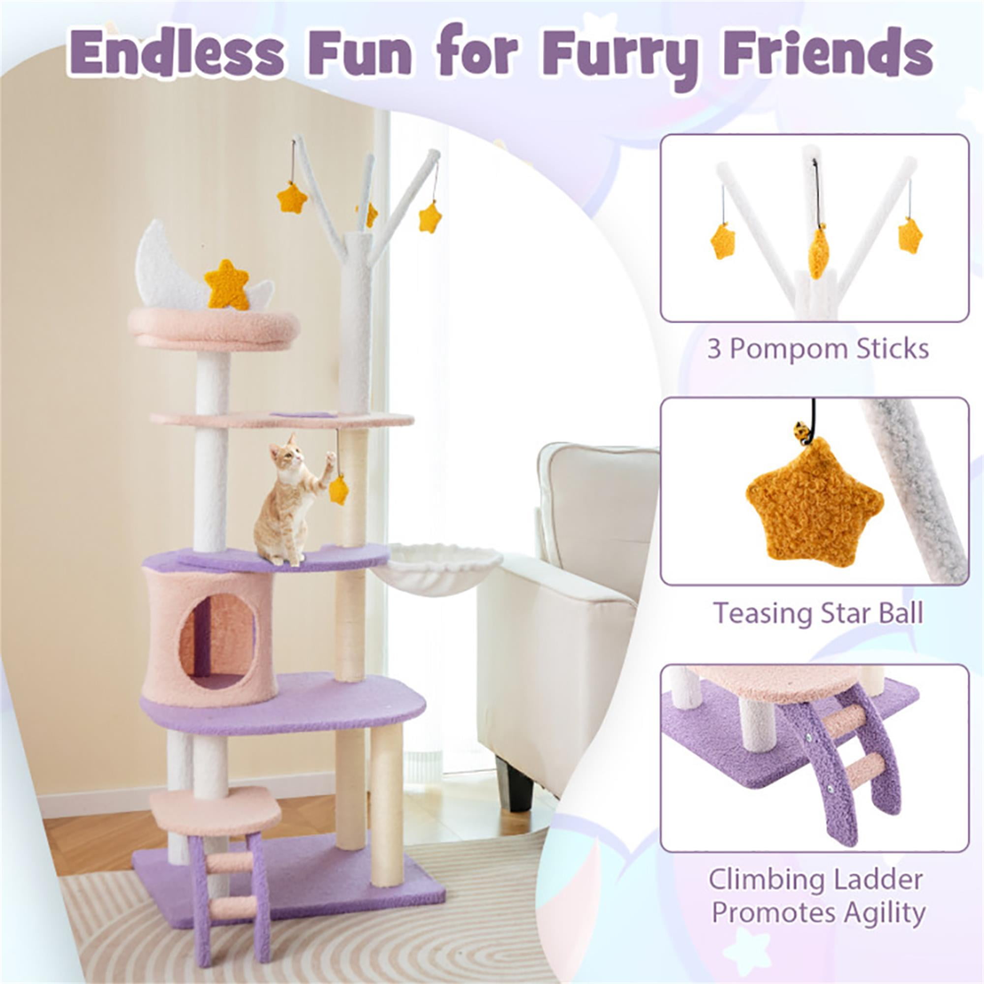 Kadyn 62" Cute Cat Tree Tower for Indoor Cats, Moon and Star Cat Condo with Sisal Scratching Posts, Plush Perches, Kitten Cat Tree Tower Activity Center, Purple