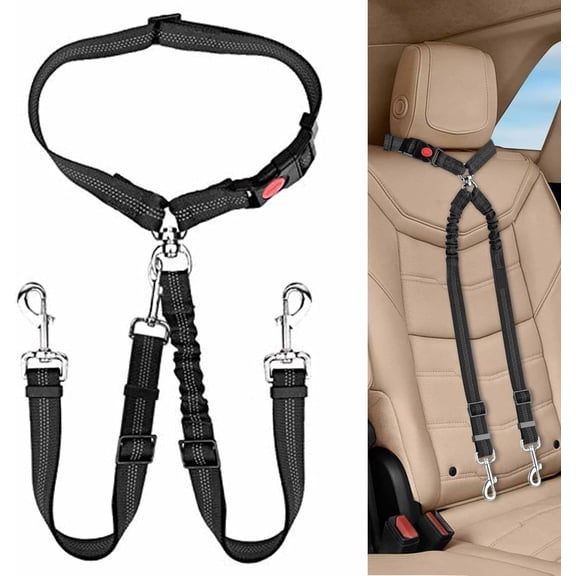 2pcs Dual Pet Car Headrest Restraint Safety Seatbelt No Tangle Dog Leash Duty Adjust Elastic Bungee Puppy Lead Splitter Connect Harness in Vehicle Travel(Black)