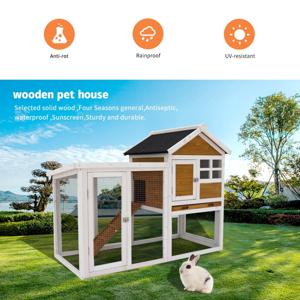 Deluxe Wooden Rabbit Hutch with Easy Clean Deep Tray & Waterproof Roof for Rabbits & Chickens, Solid Wood Construction, 3 Doors for Interaction, Expandable Design, Quick Assembly