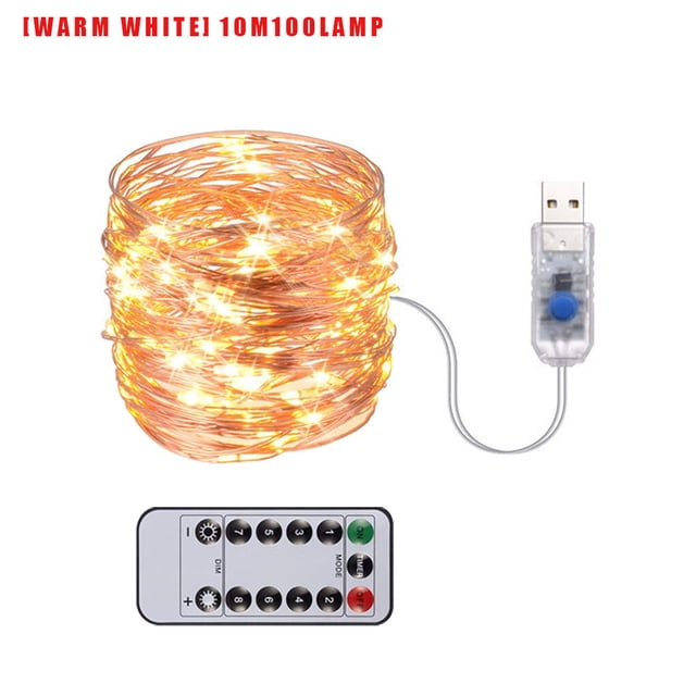 USB LED Light String Home Office Garden Waterproof Remote Control Timer Lamp String 10m 100LEDs Warm White