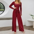 thumbnail image 2 of SRZYMJ Womens Jumpsuit Elegant Women's Long Sleeve Square Neck Belted Wide Leg Jumpsuit Comfortable Daily Wear Outfit, 2 of 5