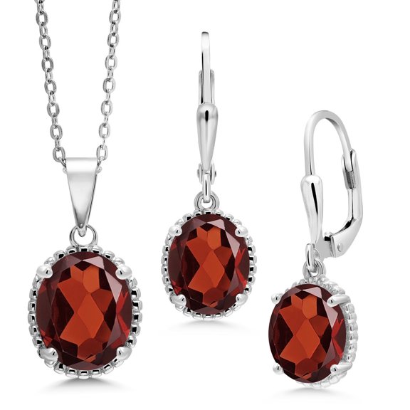 Gem Stone King 7.90 Cttw Red Garnet 925 Sterling Silver Pendant Earrings Set for Women | Gemstone Birthstone | Oval 11X9MM and 9X7MM | With 18 inch Chain