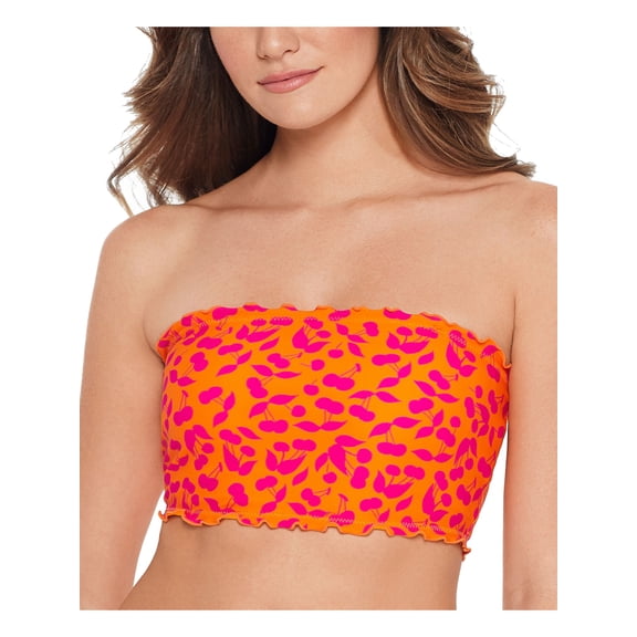 SALT   COVE Women's Orange Printed Stretch Removable Cups  Lined Convertible Ruffled Cherry On Top Bandeau Swimsuit Top XS
