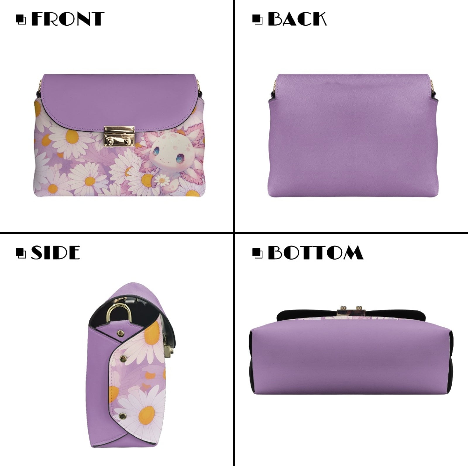 SCRAWLGOD Axolotl Daisy Print Violet Small Crossbody Bag Women's Crossbody Purse PU Leather Crossover Shoulder Bag Cross Body Handbags with Small Shoulder Purses