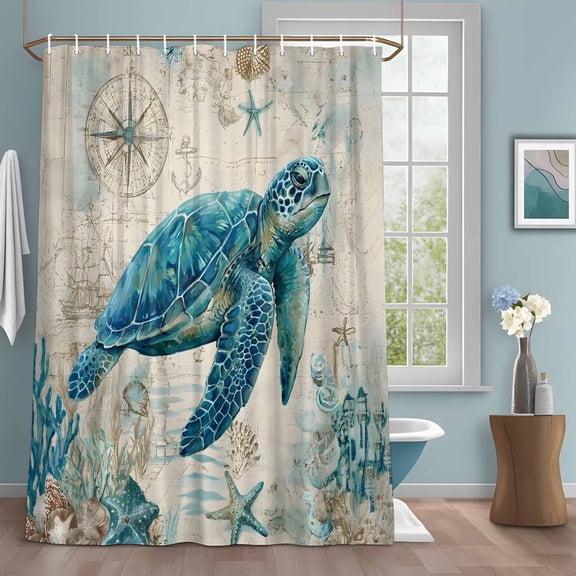 Nautical Teal Sea Turtles Shower Curtains for Bathroom, Corals Compass Vintage Brown Map Washable Fabric Shower Curtain with Hooks Waterproof Bathroom Decor Sets, 54 x 78 Inches
