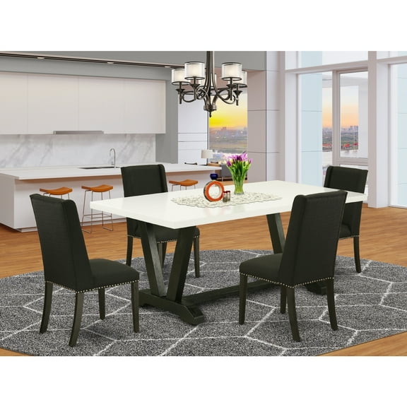 Modern 5-Piece Dining Room Set - Linen White TableBlack Chairs