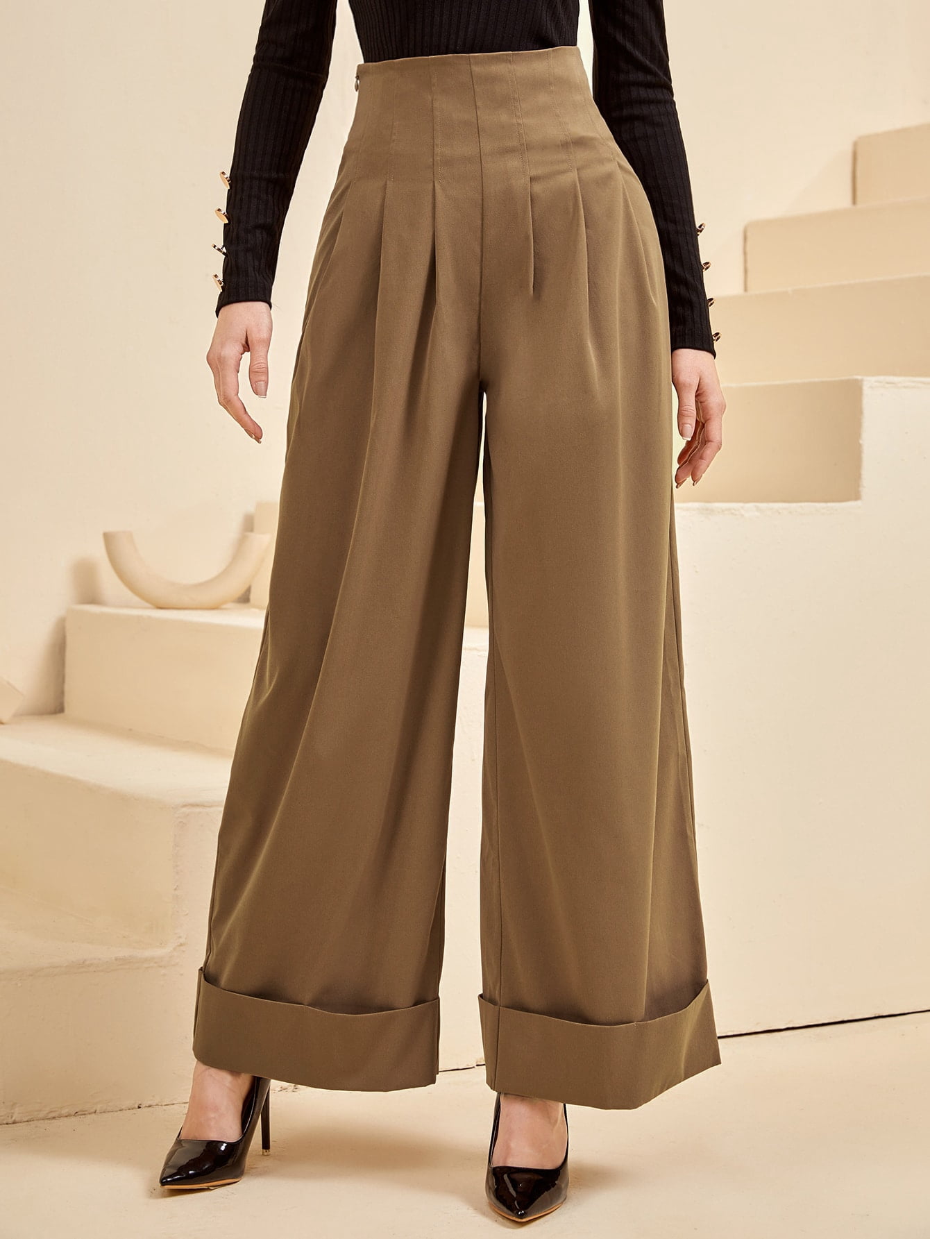 Fold Pleated Wide Leg Pants L2201502D 