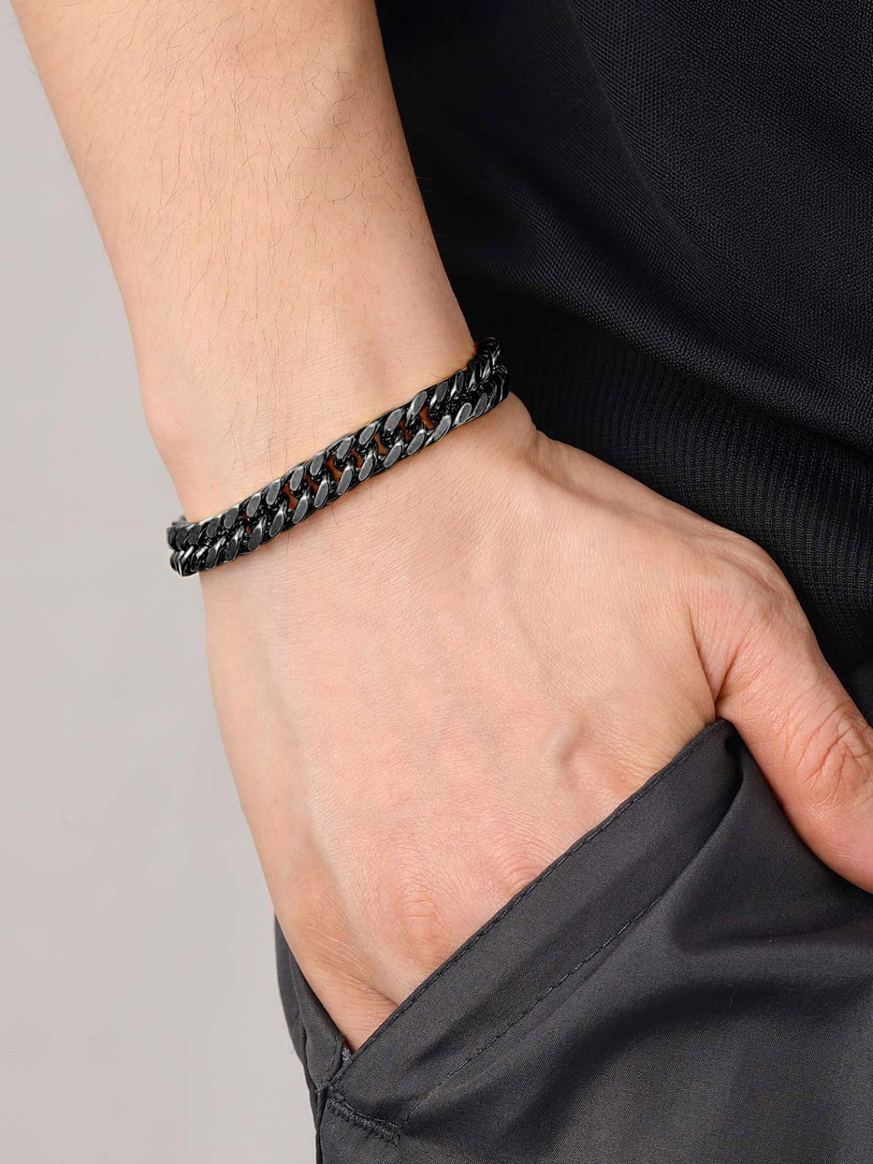 ChainsHouse Black Cuban Link Bracelet for Men Chunky 8mm/12mm/17mm Width Men's Chain Bracelets Stainless Steel Punk Jewelry Gift