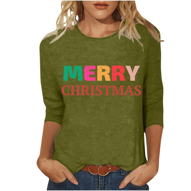 Pisexur Joyeux Noël T-Shirts pour Femmes Col Rond Manches 3/4 Mode Vacances Tee Tops Mode Ample Automne