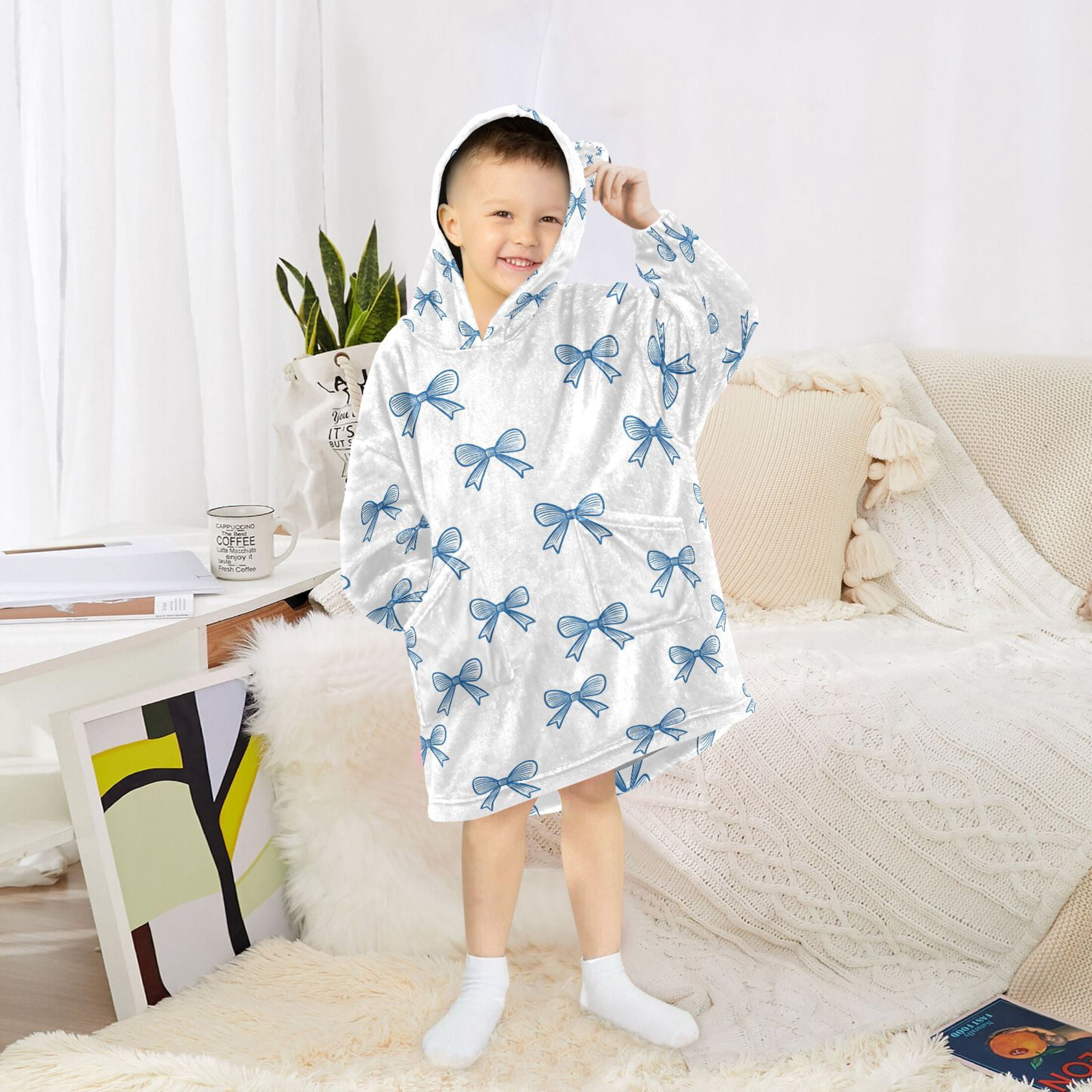 joogoo Wearable Blanket Hoodie for Bows Blue Flannel Sherpa Pocket 3-14 YR S