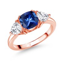 Gem Stone King 18K Rose Gold Plated Silver Blue Created Sapphire and White Zirconia 3 Stone Engagement Ring for Women (3.54 Cttw, Gemstone September Birthstone, Available in Size 5, 6, 7, 8, 9)
