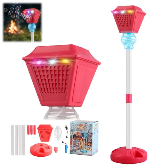 Bubble Lamp Stand Plays Music - Street Lamp Bubble Tower with Lights - Rechargeable Standing Bubbles Maker, Adjustable Height for Garden, Party & Events (Red, Empty Bottle)