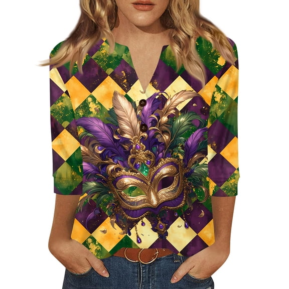 Dresfit Mardi Gras Shirts Women V Neck Graphic Holiday Tunic Top 2026 Sequin Glitter 3/4 Sleeve Parade T-Shirt Plus Size Party Blouse Green 2XL
