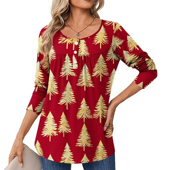 Uootdi Christmas Women's Long Sleeve Tops Buttons Up Pleated Blouses Cute Holiday Graphic Tees Casual Gift Fall/Winter Pullov er Blouses