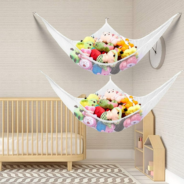 2pcs Stuffed Animal Storage Net,Set of 2,83*59*59in Toy Organizer Hammock White 7mm Mesh Toy Nets(White)