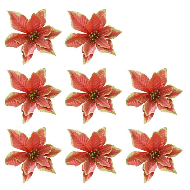 EeaseMX 10 flores artificiales con purpurina de 13 cm para decoración de árbol de Navidad (rojas)