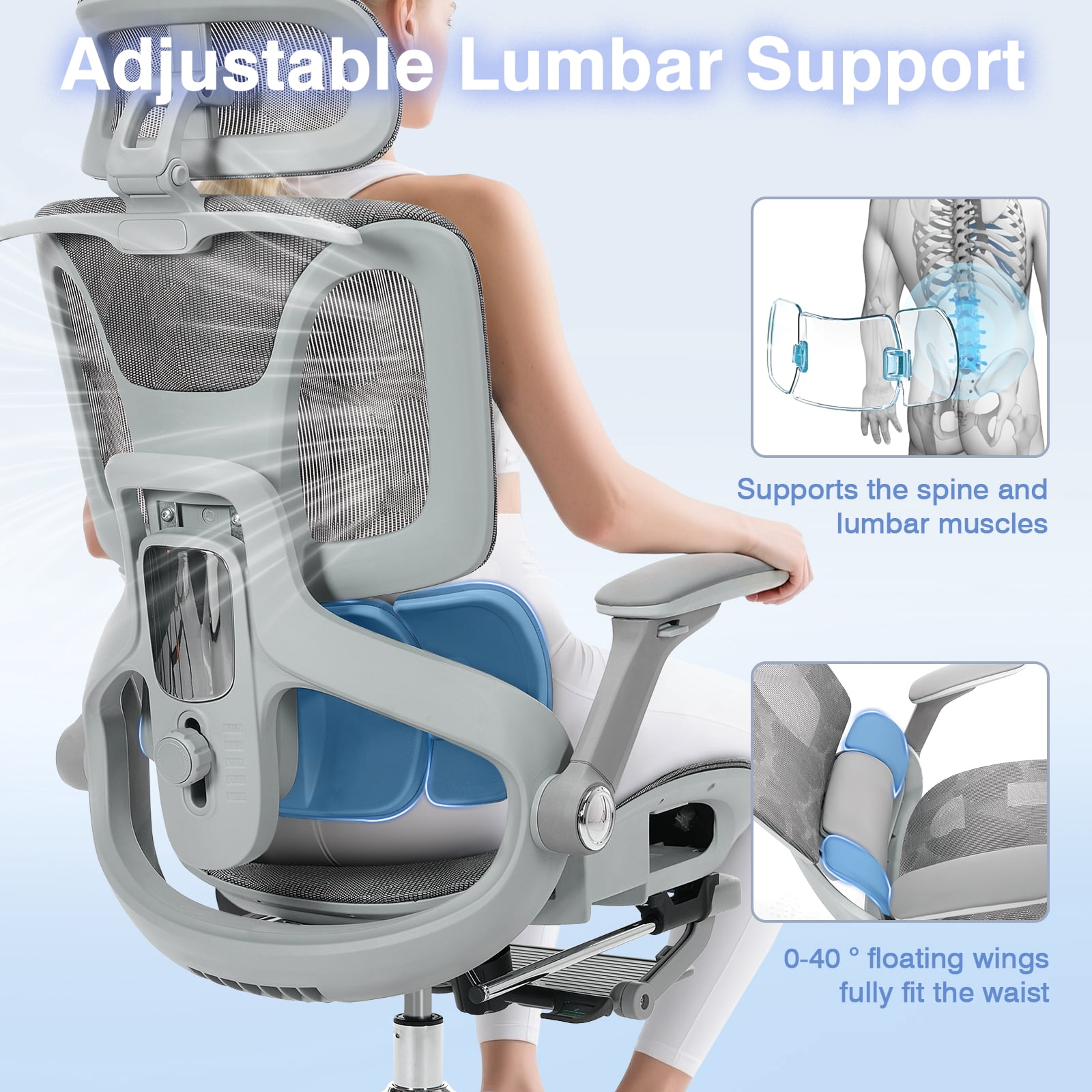 Czlolo High Back Ergonomic Mesh Office Chair with Footrest, 4D Armrests, Adjustable Lumbar Support, Gray