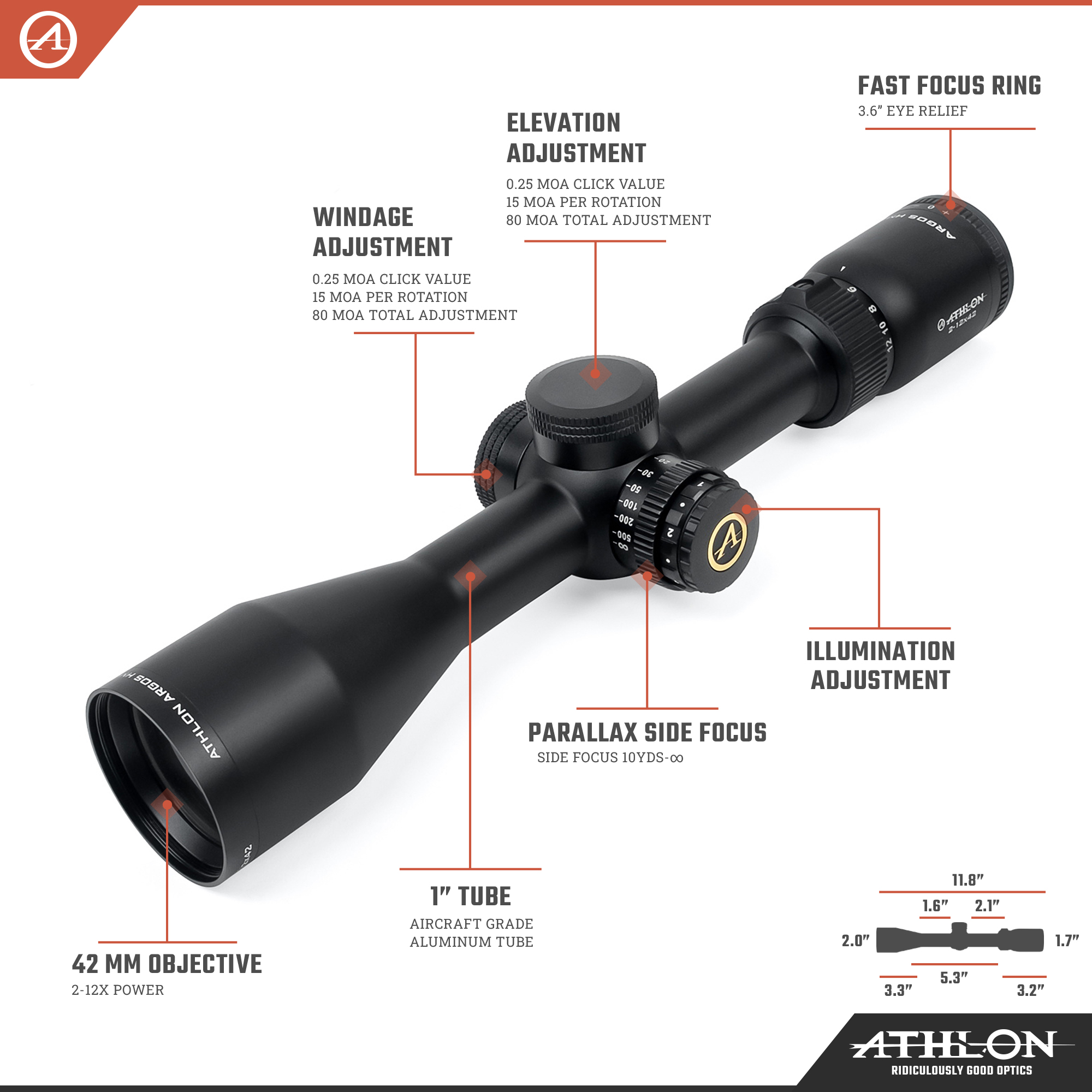 Athlon Optics Argos HMR Rifle Scope 2-12x 42mm Illuminated BDC 600A Reticle Matte Black