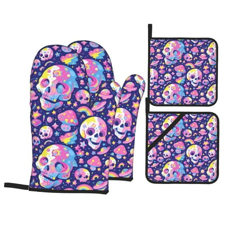 

Oven Mitts and Pot Holders Sets 4 pcs Skull colorful mushroom Non-Slip Oven Gloves Potholders Soft Quilted Lining Heat Resistant Gloves Hot Pads for Kitchen Cooking Baking