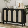 thumbnail image 2 of Modern Boho Rattan Sideboard Buffet Cabinet with Power Outlet – 4-Door Wooden Storage Console Table – Adjustable Shelves, 2 of 7