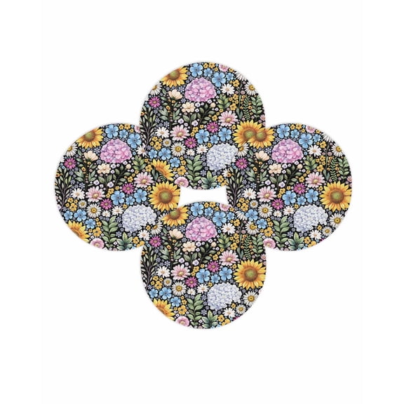 Round Placemats Set of 4 Sunflowers Hydrangea Floral Place Mats Washable Woven Placemat Daisy Green Leaves Black Circle Braided Table Mat for Kitchen Dining Table Party Home Decor 15 Inch