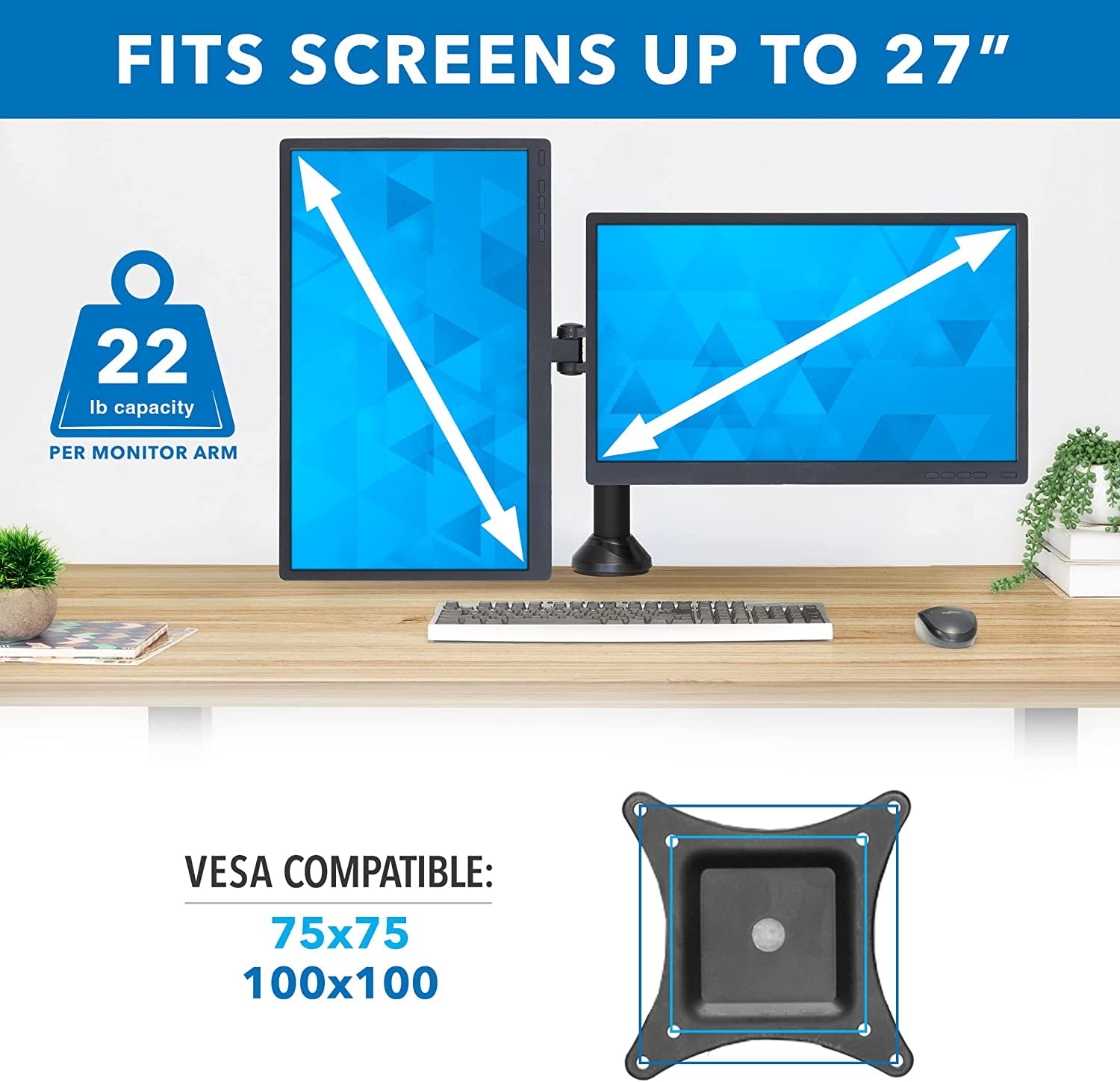 Mount-It! Dual Monitor Desk Stand | Fits 2 Computer Screens 19"-27" | Heavy Duty Full Motion Arms | C-Clamp and Grommet Base Mount