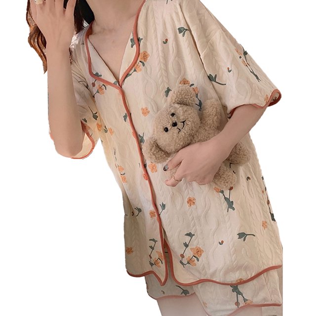 Conjunto de pijama de mujer con botones y bonitos estampados de dibujos animados, ropa de dormir holgada de colores vibrantes para mujer, para primavera y verano en casa