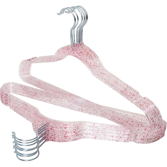 Concepts 15-Pack Clear Pink Glitter Acrylic Hangers with Silver Metal Hooks | Heavy-Duty, Slim & Space-Saving | Non-Slip Closet Hangers for Dresses, Shirts, Blouses & Jackets