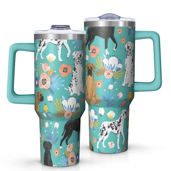 OBREWU Dog Pattern with Floral Background Tumbler with Handle and Lid,Dog Pattern with Floral Background 40oz Double Wall Vacuum Insulated Tumbler,Cups Gift for Women and Men