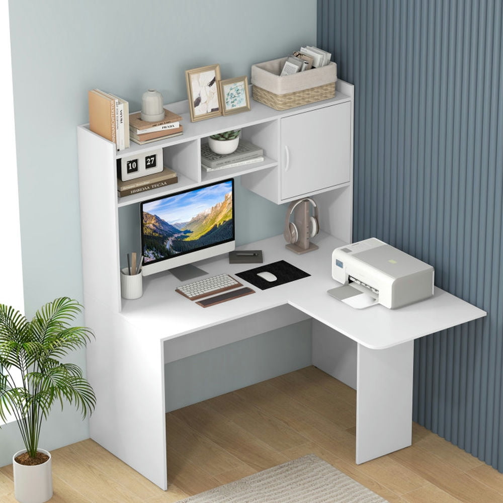 Demi Bonn L-Shaped Desk Corner Computer Desk with Open Storage Hutch and Cabinet, Small Home Office Desk Study Writing Table, White