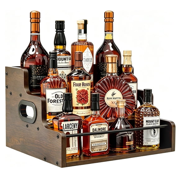 Godance 4-Tier Tiered Liquor Bottle Display Shelf 16 Inch, Rustic Wood Liquor Rack & Coffee Syrup Organizer - Heavy Duty Countertop Shelf with Guardrails & Handles for Bar, Kitchen, Office