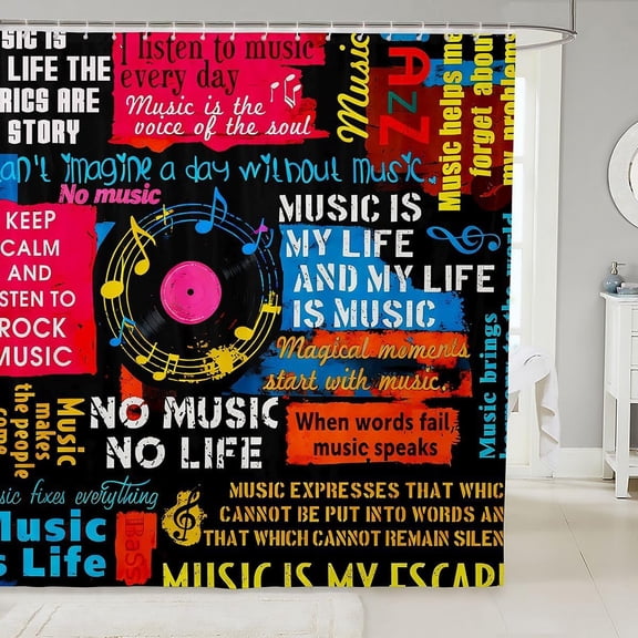 Music Notes Shower Curtain, Jazz Music Bathtub Shower Curtain For Kids Boys Girls Teens Man, Hip Hop Graffiti Bathroom Shower Curtain, Rock Music Bathroom Sets,Black,Grunge Room Decor 72" W x 72" L
