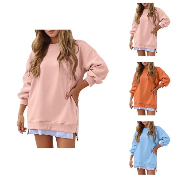Plain Sweatshirts for Women 2025 Long Sleeve Crewneck Side Zipper Sweatshirt Pullover Tops Fall Winter Outfits