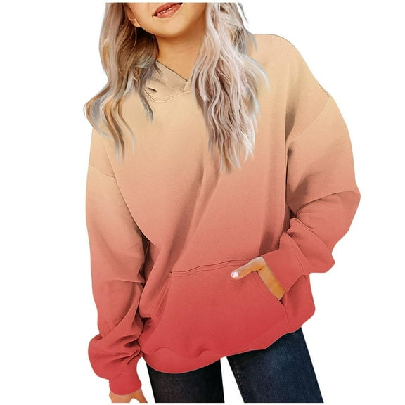 Zwiiyzr Girls Pullover Hoodies Sweatshirt Winter Fall Casual Gradient Color Loose Long Sleeve Outwear Coat With Pockets 2-14 Years Watermelon Red