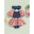 thumbnail image 3 of Coduop Baby Girl Ruffled Short Sleeve Stars Stripes Dress Jumpsuit Headband Independence Day Set, 3 of 7
