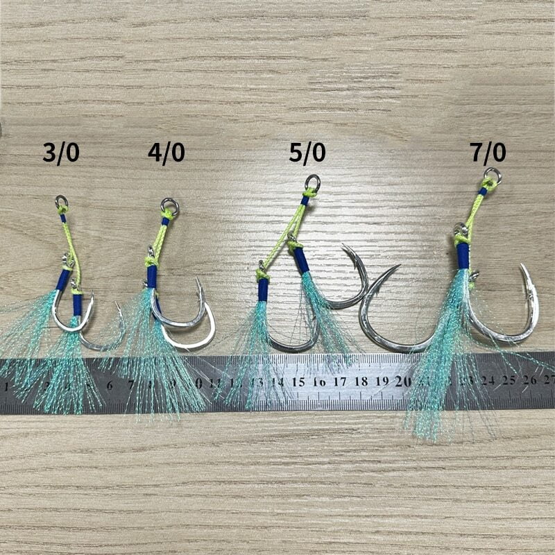 10 Pairs Cast Jigs Assist Hook Barbed Double Jig Hooks UV Glow Feather Fishhook